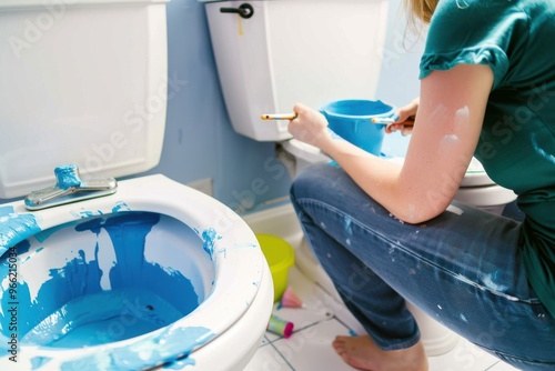 Young woman step by step DIY in home small bathroom. Young woman doing step by step DIY in small appartement bathroom. Here she is starting painting the wall a lighter blue. Focus on the pan with pain