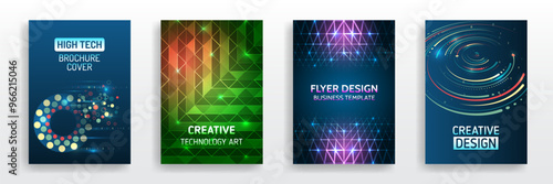 Futuristic background for flyer, brochure. Scientific cover template for presentation, banner. Page layout set for sci-fi. Set of high-tech covers for marketing. Modern technology design for posters.