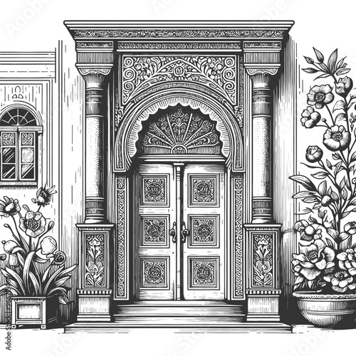 ornate door featuring classical architectural details, including columns and decorative carvings sketch engraving generative ai vector illustration. Scratch board imitation. Black and white image.