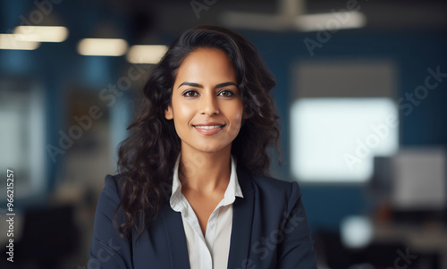 Portrait of confident happy smiling businesswoman in the office, woman entrepreneur in business suit