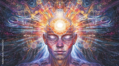 A detailed digital illustration of the pineal gland surrounded by radiant light and intricate, flowing energy patterns.