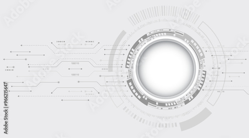 Abstract grey high tech background consisting of printed circuit board circles and other technological elements. Digital communication, data protection, futuristic presentation, science cover.