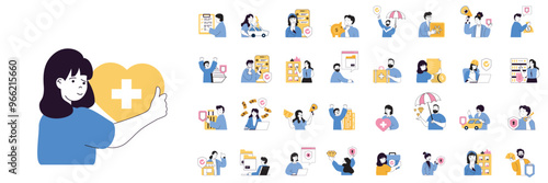 Insurance concept mega set with character scenes in flat design for web. Bundle situations with people using protection policy for saving health, documents, finance, business. Vector illustrations.