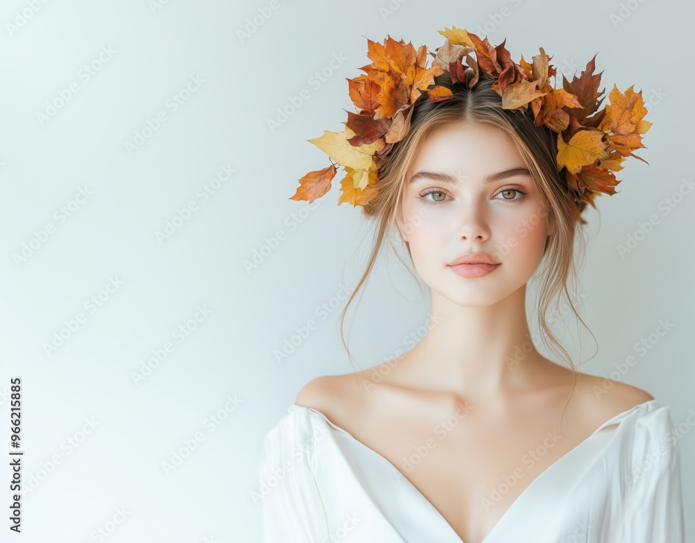 秋の落葉の冠を被った美しい肌の女性 秋の落葉の冠を被った美しい肌の女性