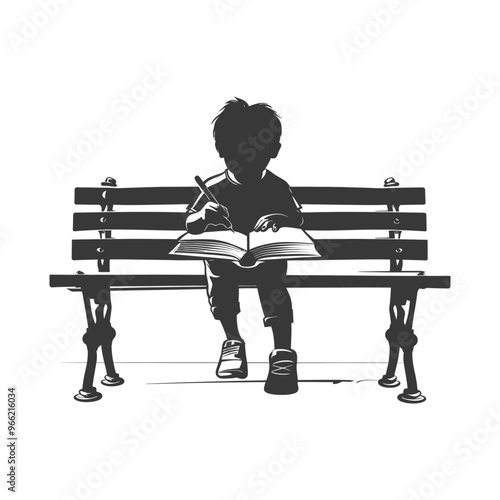 A Silhouette of a Child Sitting on a Bench Reading and Writing