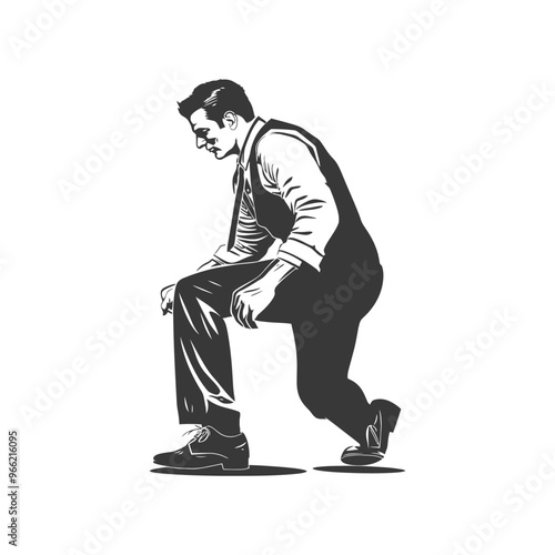 A man in a suit and vest is kneeling with his head down