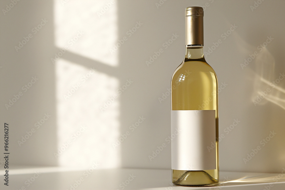 Closed bottle of white wine with blank label in sunlight Closed bottle of white wine with blank label in sunlight