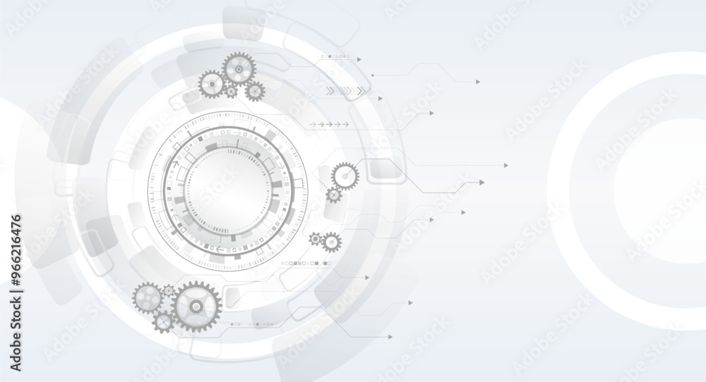 Fototapeta premium Cogwheel for science experiment presentation, Futuristic high tech concept. Business and industry internet banner. The mechanism consisting of gears on a gray background for the presentation.