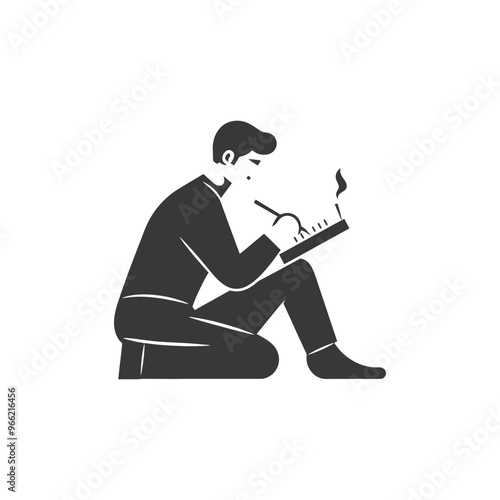A Man Sitting with a Notebook and Writing