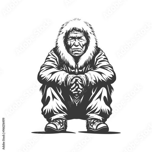 A man sitting with his hands clasped in his lap wearing a hooded fur coat