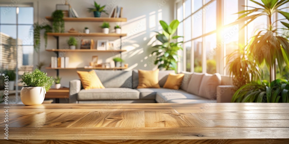 Sunlit Wooden Table in a Cozy Living Room with a Grey Sofa, Tabletop Product Display, Home Decor, Interior Design, Table, Wooden, Sunlit Sunlit Wooden Table in a Cozy Living Room with a Grey Sofa, Tabletop Product Display, Home Decor, Interior Design, Table, Wooden, Sunlit