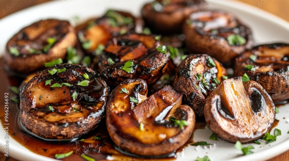 A plate of grilled mushrooms with a drizzle of balsamic glaze, garnished with herbs, showcasing a healthy and flavorful dish. A plate of grilled mushrooms with a drizzle of balsamic glaze, garnished with herbs, showcasing a healthy and flavorful dish.