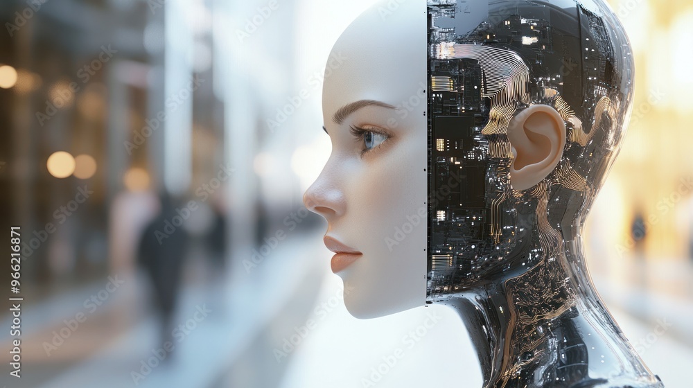Futuristic robot head in a modern urban setting Futuristic robot head in a modern urban setting