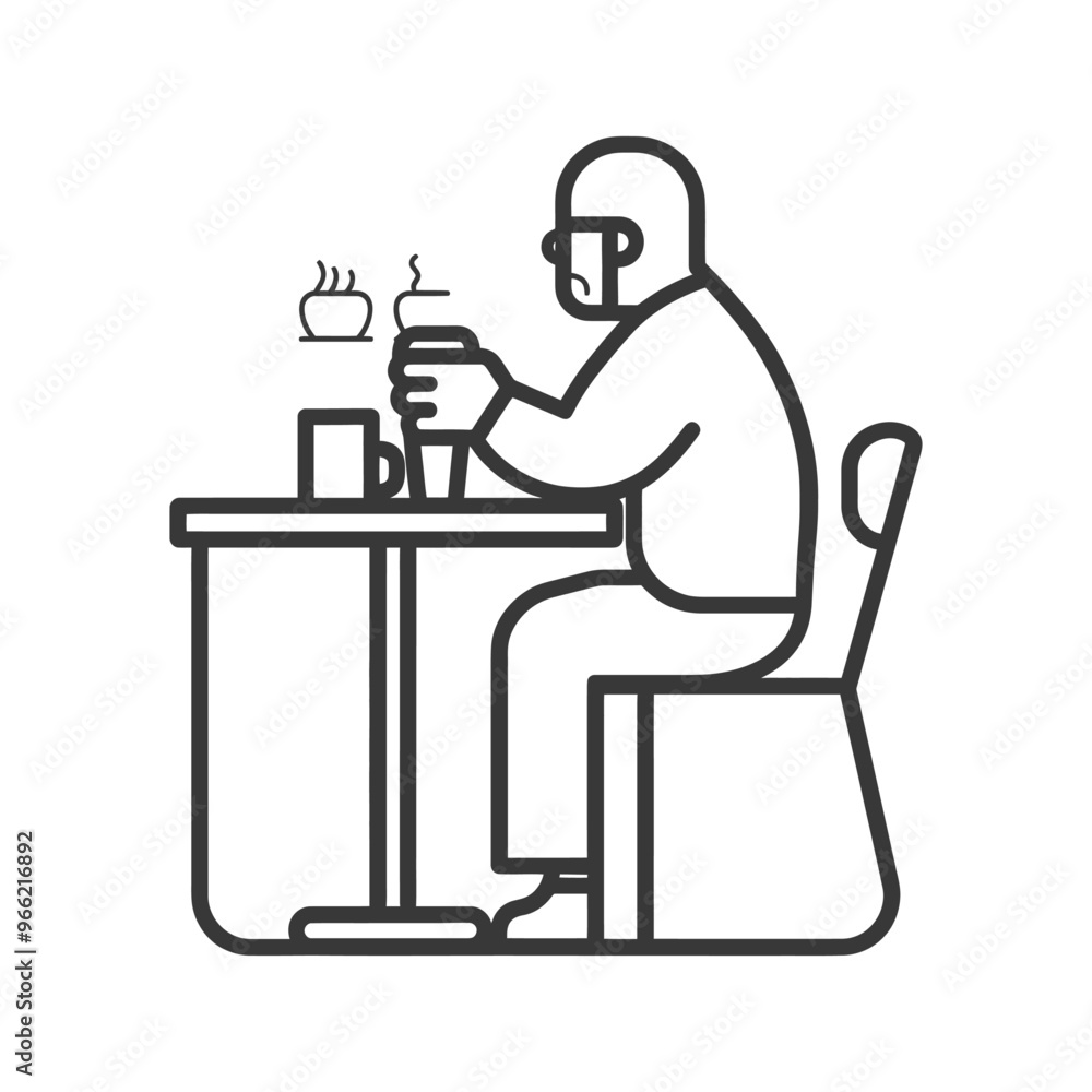 An elderly man sitting at a table holding a cup with steam rising from the beverage An elderly man sitting at a table holding a cup with steam rising from the beverage
