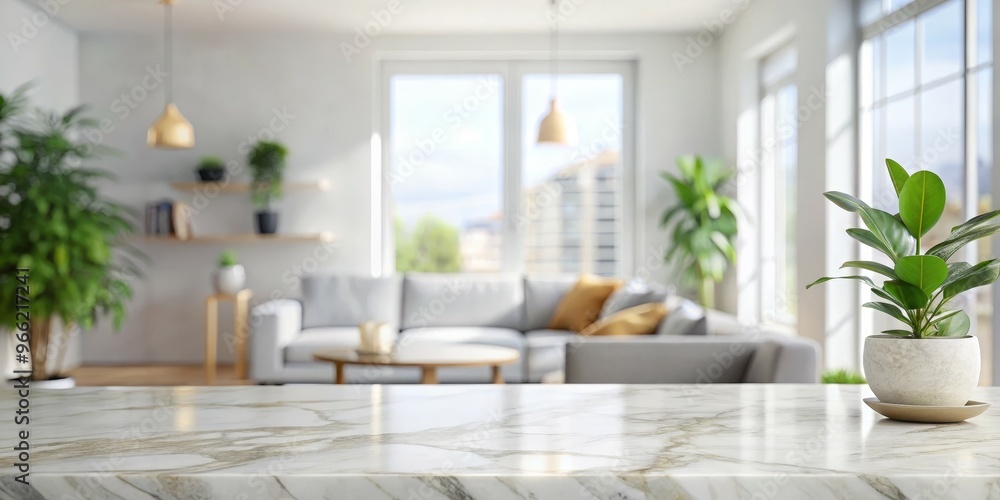 White Marble Tabletop with Blurred Modern Living Room Background, Interior Design, Home Decor , Tabletop, Room Design White Marble Tabletop with Blurred Modern Living Room Background, Interior Design, Home Decor , Tabletop, Room Design