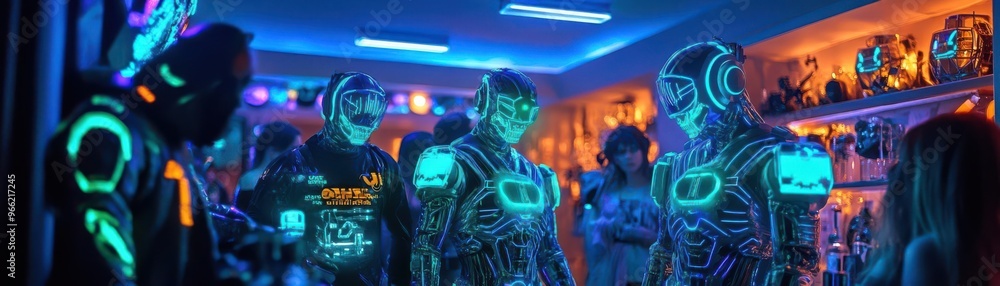 Fototapeta premium Halloween party with guests in glowing cybernetic costumes, UV blacklight, futuristic decorations, vibrant blues and greens, sharp and highly detailed