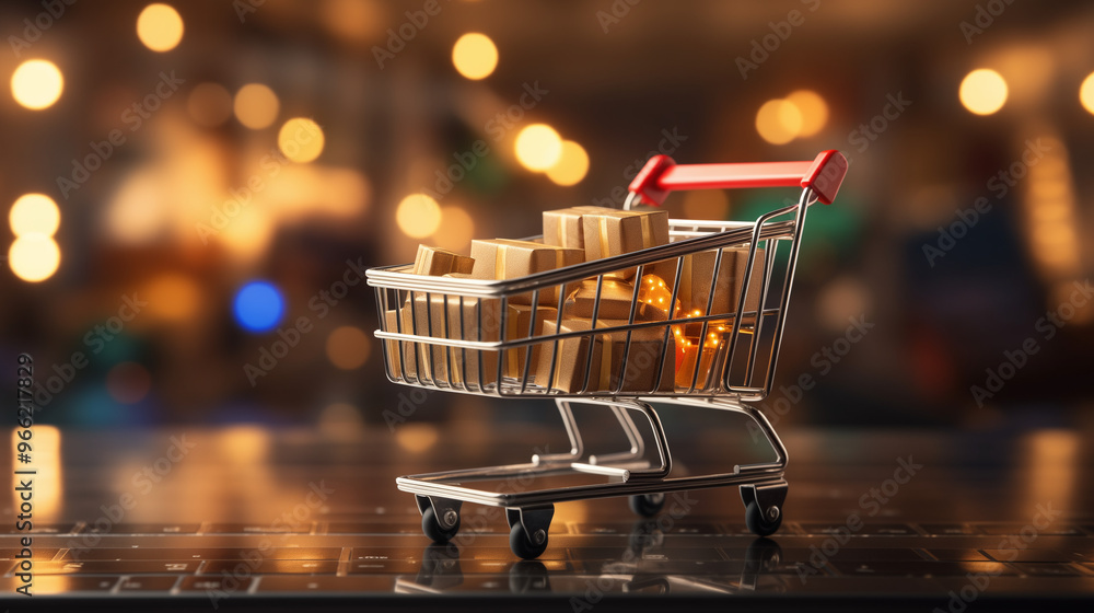 Shopping cart filled with gift boxes and lights in festive atmosphere Shopping cart filled with gift boxes and lights in festive atmosphere