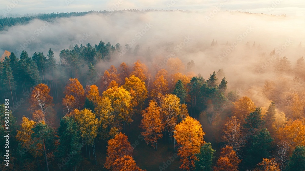 Fototapeta premium Aerial view of beautiful colorful autumn forest in low clouds at sunrise. Top view of orange and green trees in fog at dawn in fall. View from above of woods. Nature background. Multicolored leaves