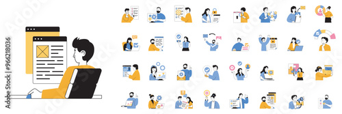 Marketing and development concept mega set with character scenes in flat design for web. Bundle situations with people creating promotion strategy, target, starting advertising. Vector illustrations.