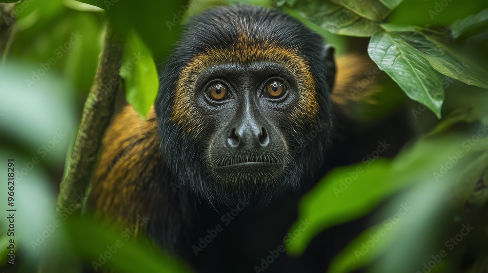 A close-up portrait of a howler monkey peering through lush green foliage in its natural forest habitat. The monkey's expressive eyes and thoughtful expression convey a sense of curiosity and awarenes A close-up portrait of a howler monkey peering through lush green foliage in its natural forest habitat. The monkey's expressive eyes and thoughtful expression convey a sense of curiosity and awarenes