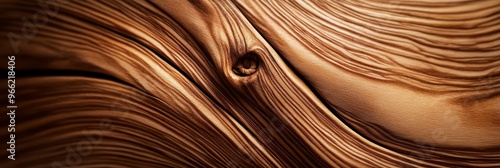 A captivating close-up of wavy wood grain, showcasing a natural, intricate pattern with two prominent knots. The warm brown hues and flowing lines evoke a sense of depth, organic beauty, and rustic ch photo