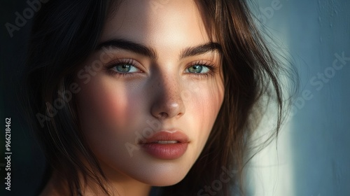 A captivating close-up portrait of a young woman with soft, glowing skin. Her eyes sparkle with a hint of mystery, framed by full, defined eyebrows. A gentle blush graces her cheeks, adding a touch