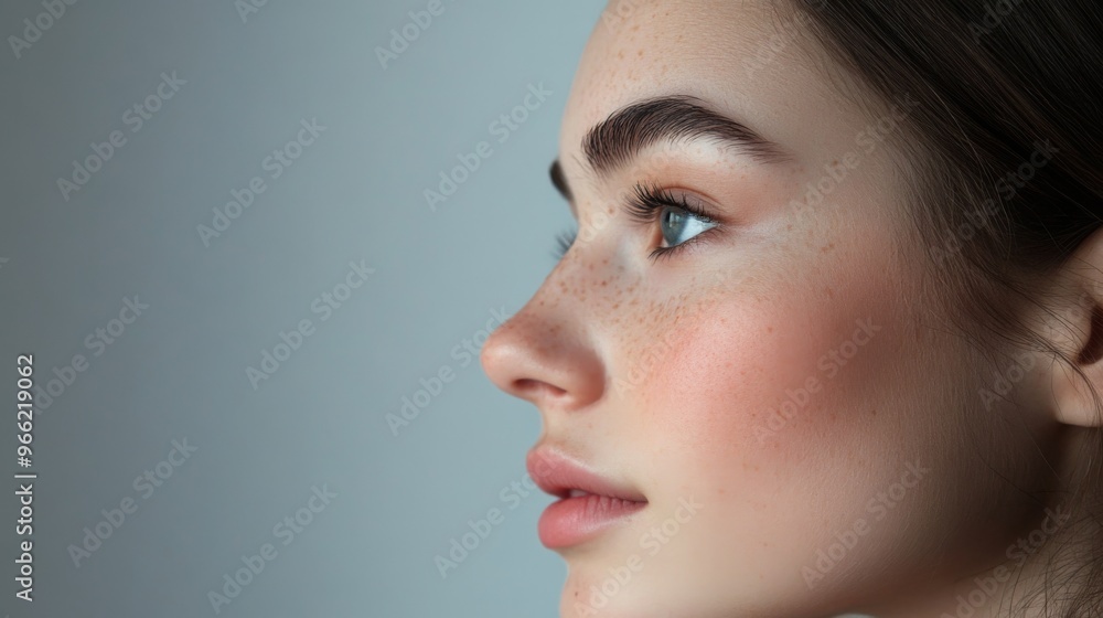 A profile view of a woman's face with clear, healthy skin, her hair gently pulled back, emphasizing the natural beauty of her complexion A profile view of a woman's face with clear, healthy skin, her hair gently pulled back, emphasizing the natural beauty of her complexion