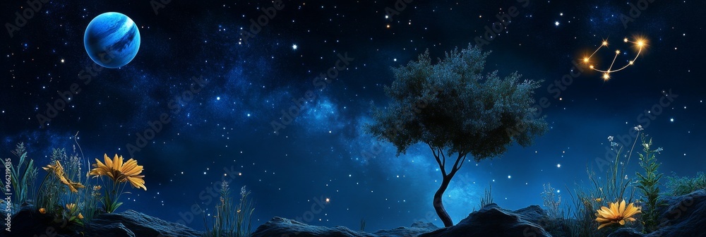 A celestial garden with a lone tree silhouetted against a backdrop of stars and a blue planet. The image symbolizes the connection between nature, the universe, and the zodiac. A celestial garden with a lone tree silhouetted against a backdrop of stars and a blue planet. The image symbolizes the connection between nature, the universe, and the zodiac.