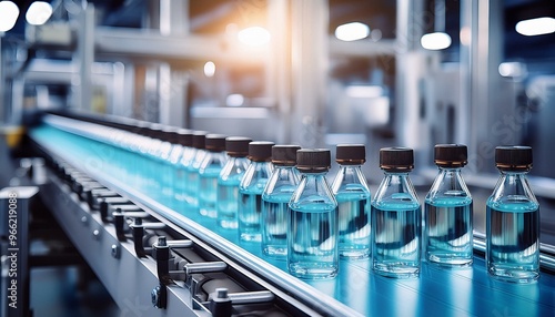 Bottles moving on a conveyor belt in a factory. Automated production line. Industrial manufacturing process.