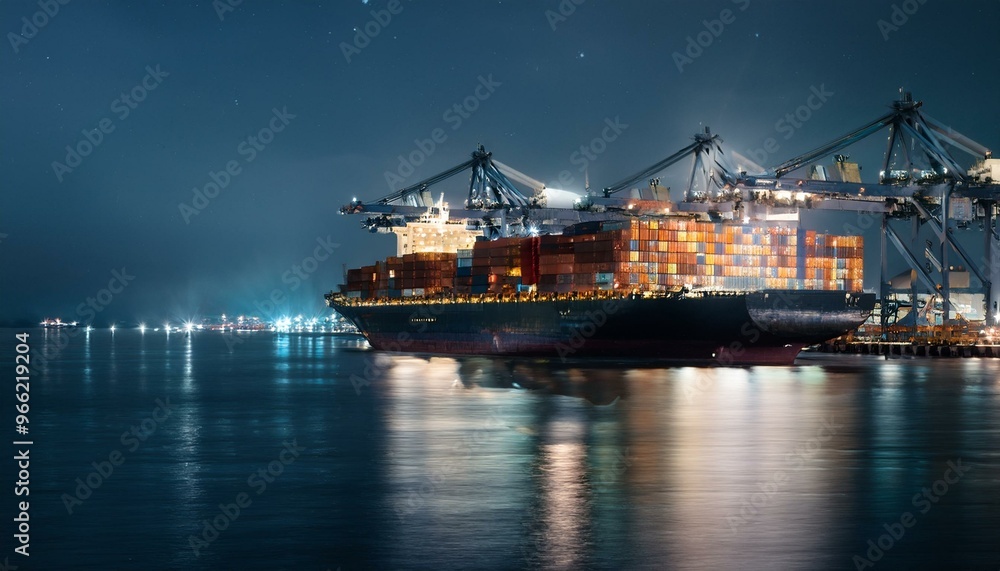 Container ship preparing to leave port late at night Container ship preparing to leave port late at night