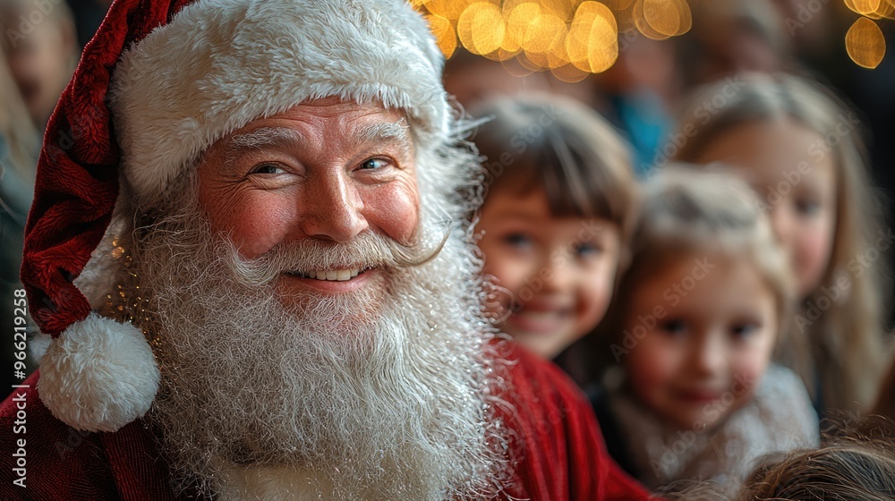 Jolly Santa Claus Spreading Holiday Cheer with Children in Festive Setting Jolly Santa Claus Spreading Holiday Cheer with Children in Festive Setting