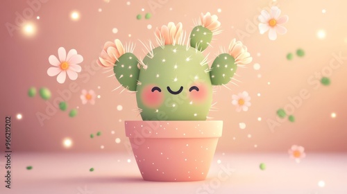 Adorable smiling cartoon cactus in a pink pot with flowers, soft pastel background, and delicate bokeh lights.