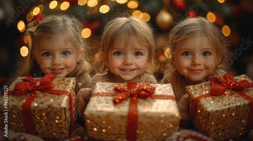 Excited Children Unwrapping Christmas Gifts in Festive Morning Scene