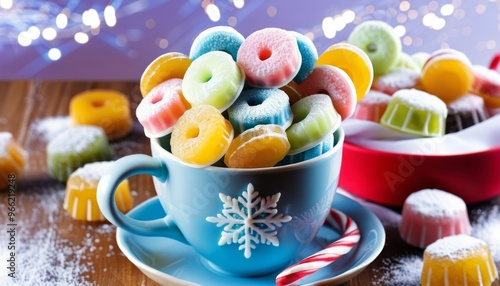 Blue Cup Filled with Colorful Gummy Candy Rings for Christmas