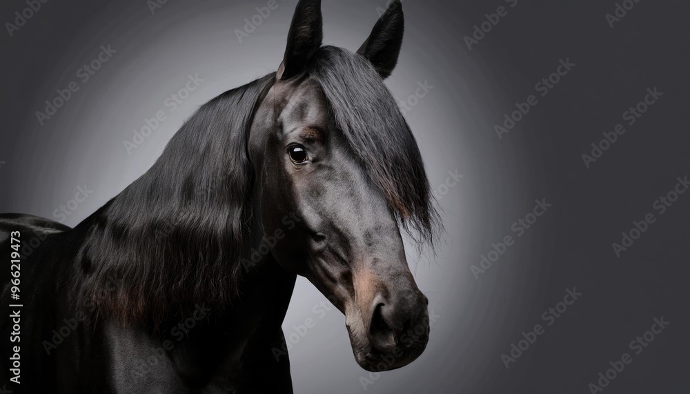 A side profile of a black horse with long, sleek mane against a gray background. A side profile of a black horse with long, sleek mane against a gray background.
