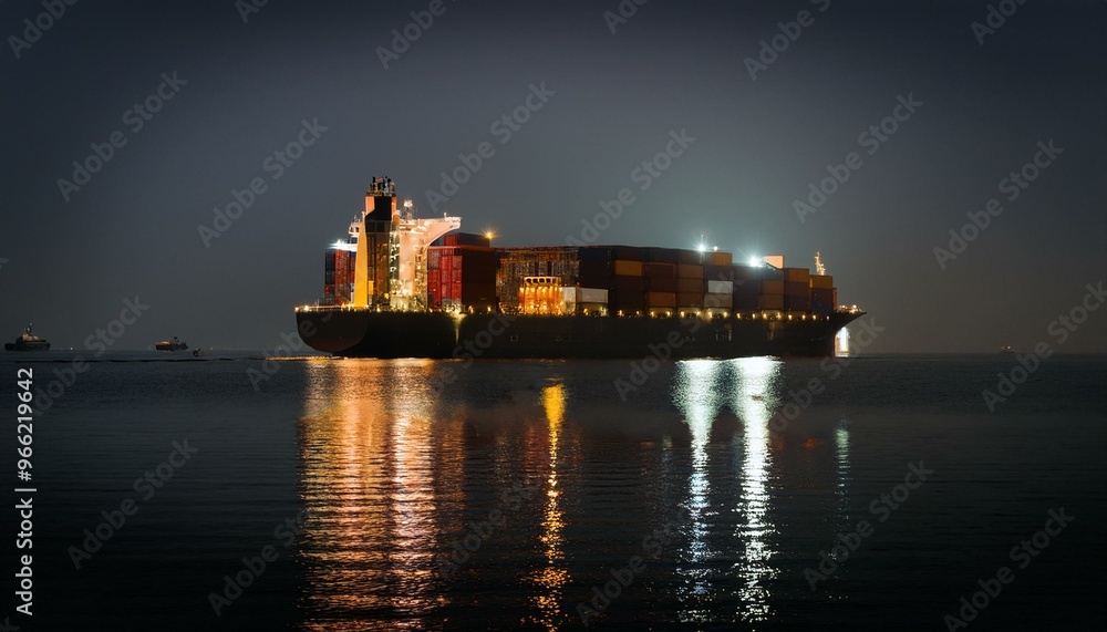 Container ship preparing to leave port late at night Container ship preparing to leave port late at night