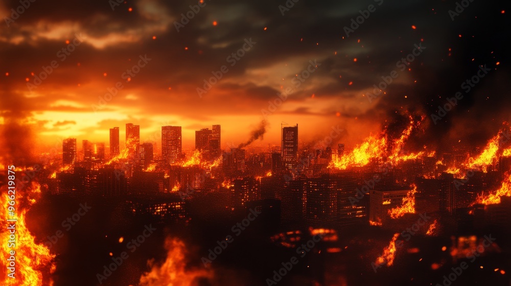 Fototapeta premium A city engulfed in flames under a dark, ominous sky, symbolizing destruction, chaos, and the fragility of civilization. The intense fire and smoke suggest the aftermath of a catastrophic event. This i