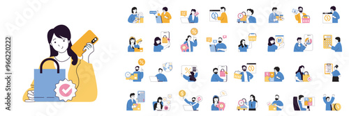 Mobile commerce concept mega set with character scenes in flat design for web. Bundle situations with people make purchases in app, pay online with credit card, ordering product. Vector illustrations.