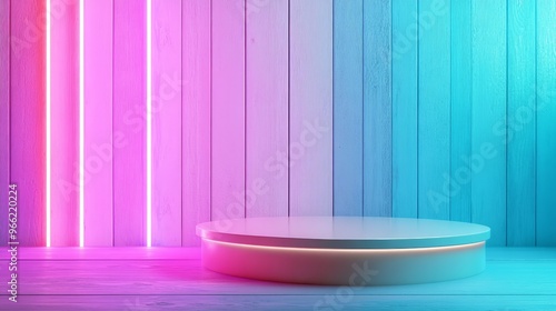 A clean and modern product display featuring a circular platform illuminated by vibrant neon lights against a wooden backdrop. The minimalist design creates a contemporary aesthetic, perfect for showc photo