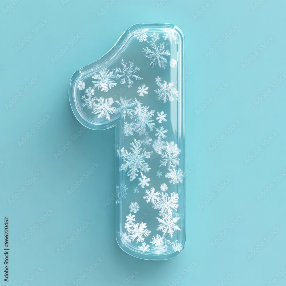 Ice number 1 with snowflakes on blue background Ice number 1 with snowflakes on blue background