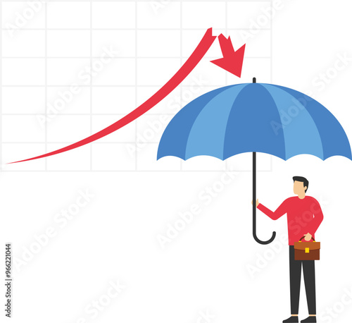 Hand investor holding umbrella ready for downturn arrow graph. Protect from stock market crash. Flat vector illustration

