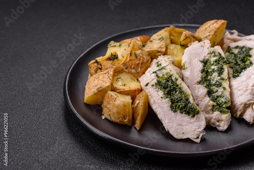 Chicken roulade with spinach, cheese, spices, salt and herbs