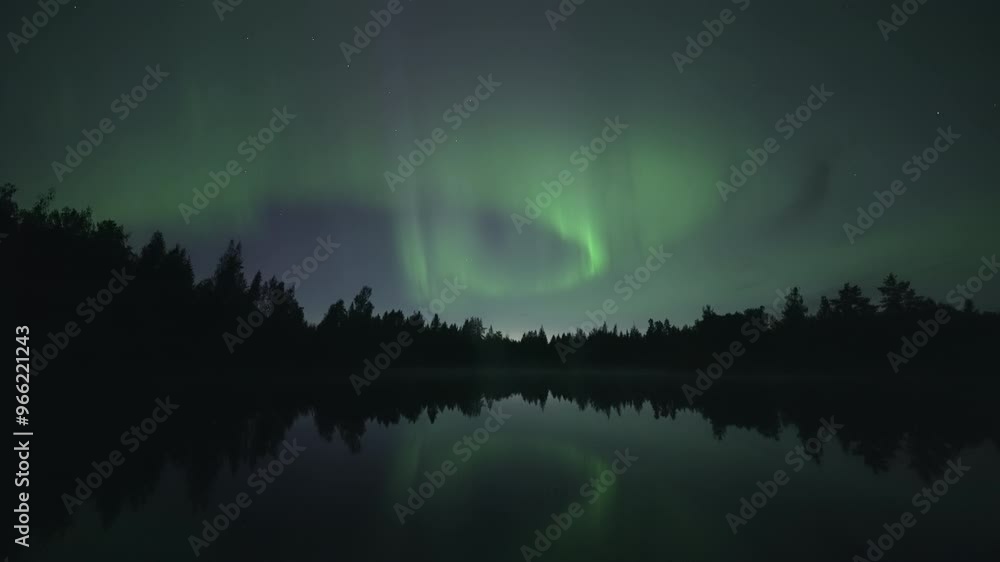 Green aurora swirl in the horizon, reflecting from a lake. Real-time video. Green aurora swirl in the horizon, reflecting from a lake. Real-time video.