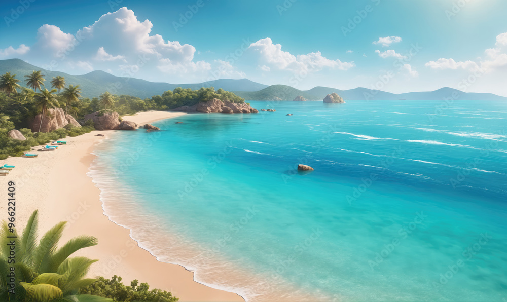 Fototapeta premium A tropical beach with white sand and clear blue water on a sunny day