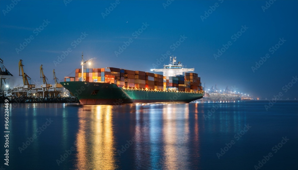 Container ship preparing to leave port late at night Container ship preparing to leave port late at night