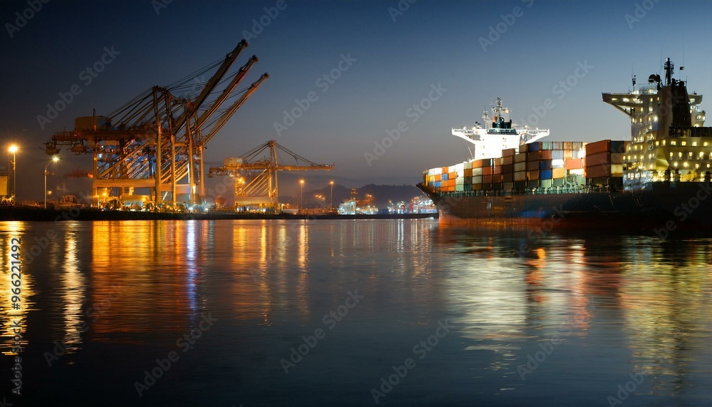 Container ship preparing to leave port late at night Container ship preparing to leave port late at night