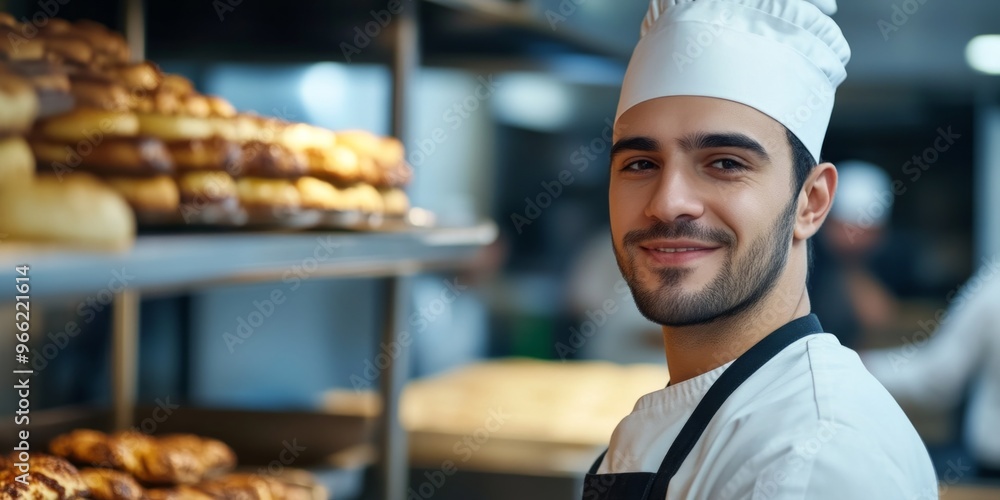 A confident baker smiles in a bustling bakery. Freshly baked goods surround him, showcasing his skill and passion for baking. Bright and inviting, this scene captures the warmth of culinary arts. AI. A confident baker smiles in a bustling bakery. Freshly baked goods surround him, showcasing his skill and passion for baking. Bright and inviting, this scene captures the warmth of culinary arts. AI.
