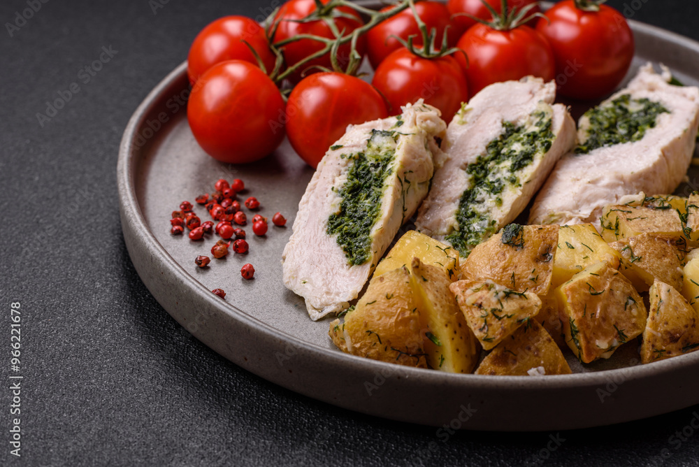 Chicken roulade with spinach, cheese, spices, salt and herbs Chicken roulade with spinach, cheese, spices, salt and herbs