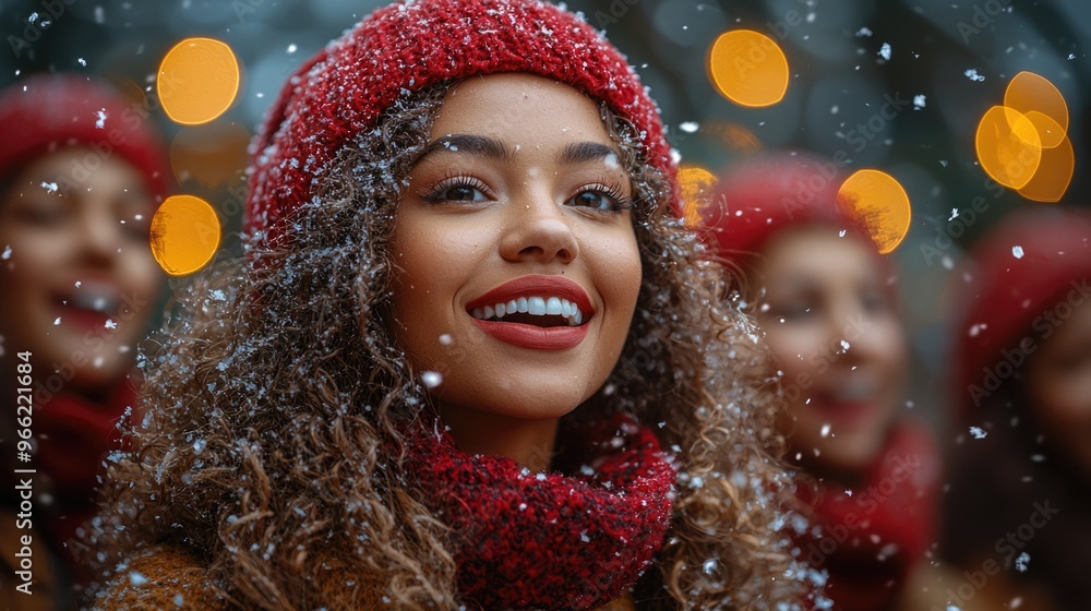 Joyful Group of People Singing Christmas Carols Together in Festive Celebration Joyful Group of People Singing Christmas Carols Together in Festive Celebration
