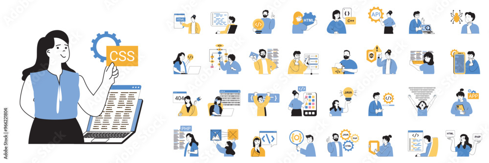 Programming concept mega set with character scenes in flat design for web. Bundle situations with people coding on computer or laptop, creating algorithms, developing programs. Vector illustrations. Programming concept mega set with character scenes in flat design for web. Bundle situations with people coding on computer or laptop, creating algorithms, developing programs. Vector illustrations.